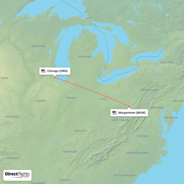 Morgantown - Chicago direct flight map
