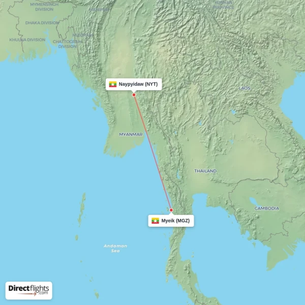 Myeik - Naypyidaw direct flight map