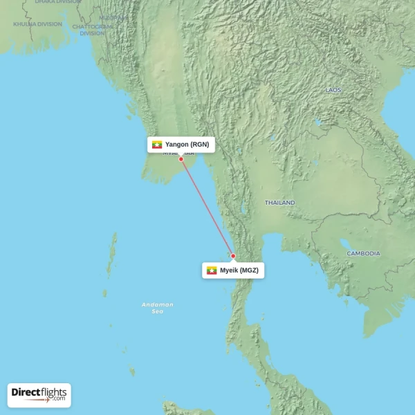 Myeik - Yangon direct flight map