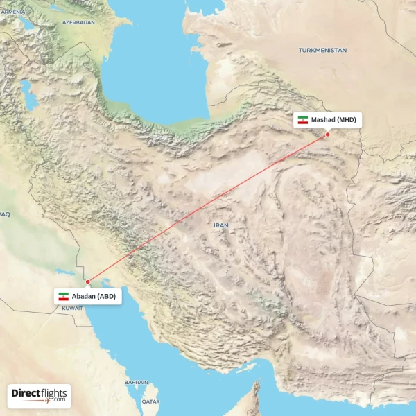 Mashad - Abadan direct flight map