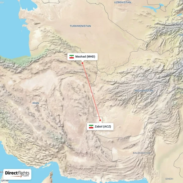 Mashad - Zabol direct flight map