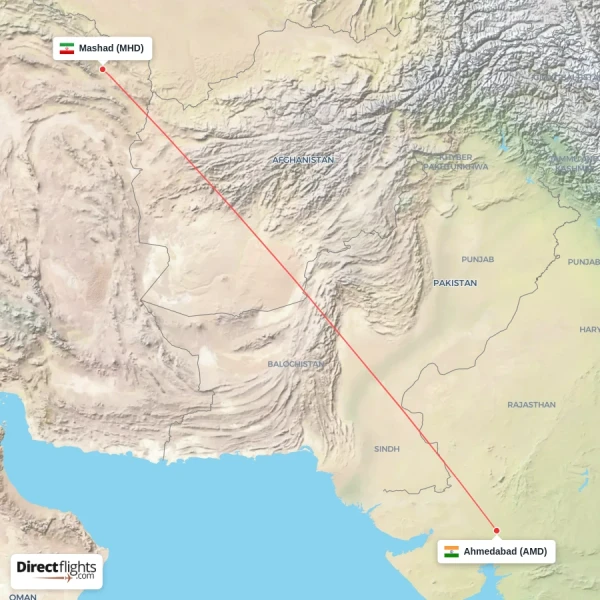 Mashad - Ahmedabad direct flight map