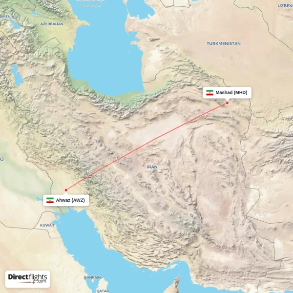 Mashad - Ahwaz direct flight map