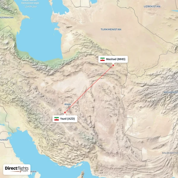 Mashad - Yazd direct flight map