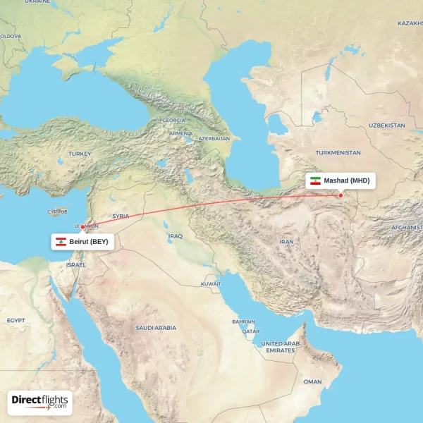 Mashad - Beirut direct flight map
