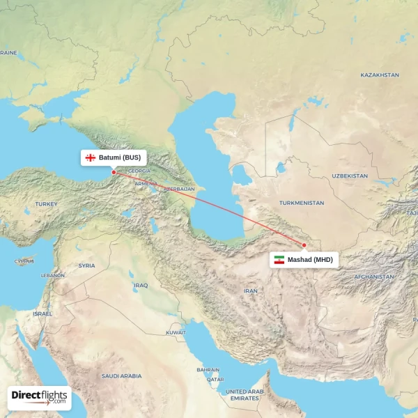 Mashad - Batumi direct flight map