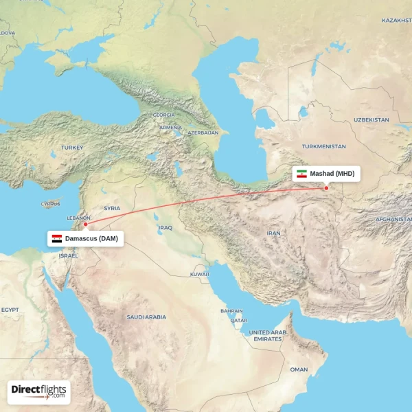 Mashad - Damascus direct flight map