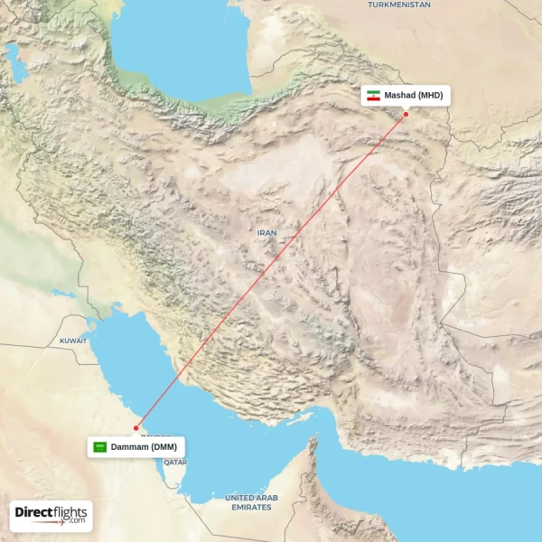 Mashad - Dammam direct flight map