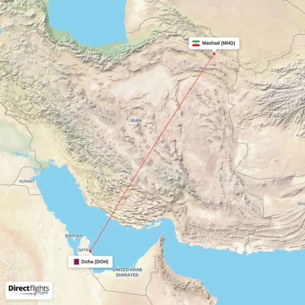 Mashad - Doha direct flight map