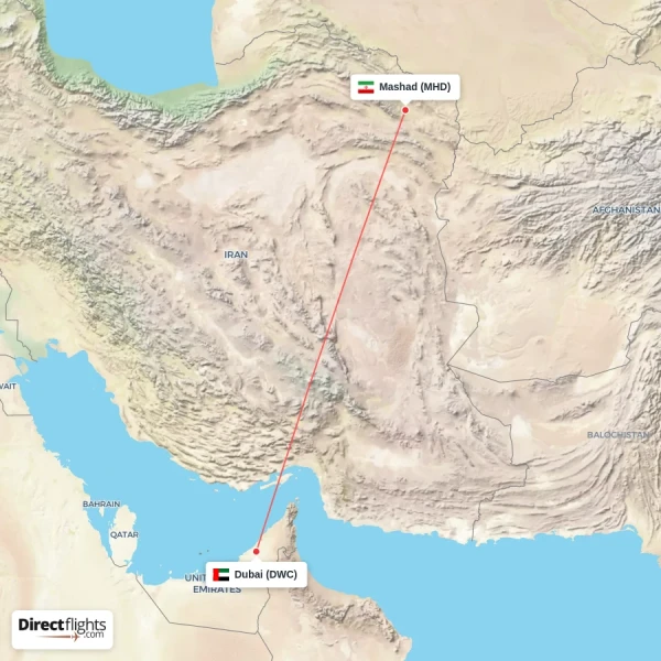 Mashad - Dubai direct flight map