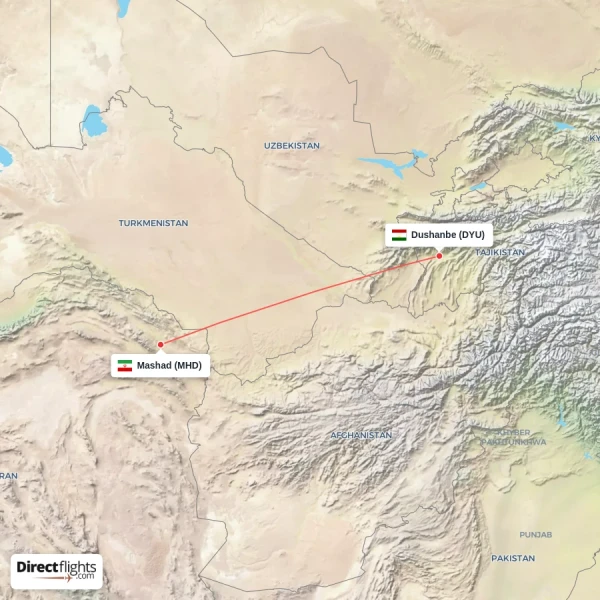 Mashad - Dushanbe direct flight map