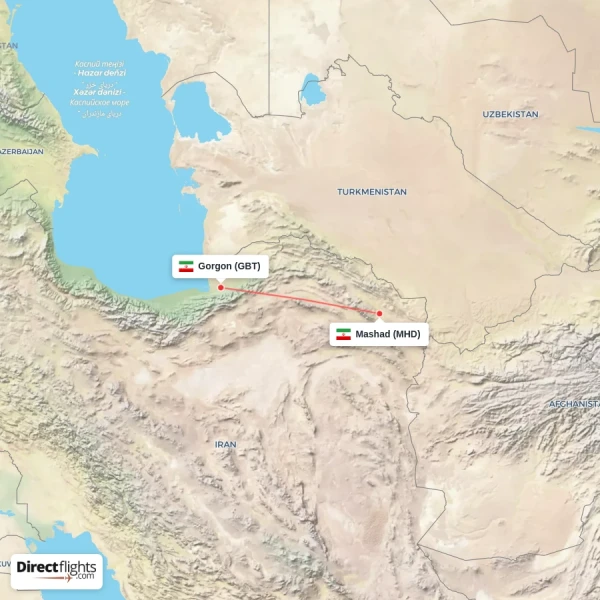Mashad - Gorgon direct flight map