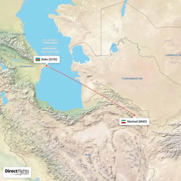 Mashad - Baku direct flight map