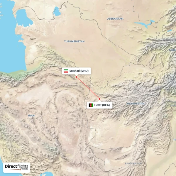 Mashad - Herat direct flight map