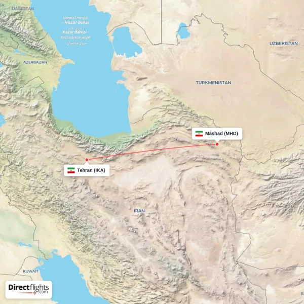 Mashad - Tehran direct flight map