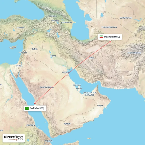 Mashad - Jeddah direct flight map