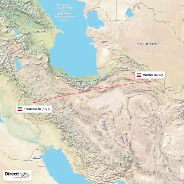 Mashad - Kermanshah direct flight map