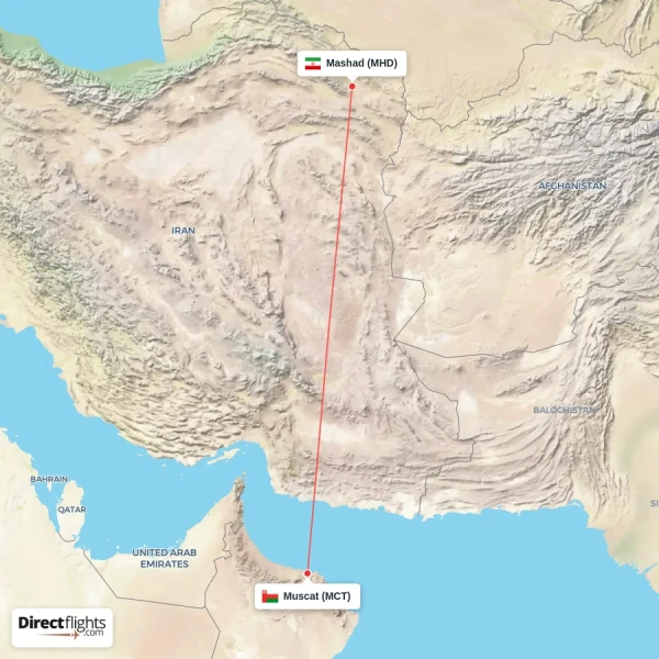 Mashad - Muscat direct flight map