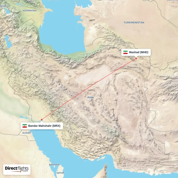 Mashad - Bandar Mahshahr direct flight map