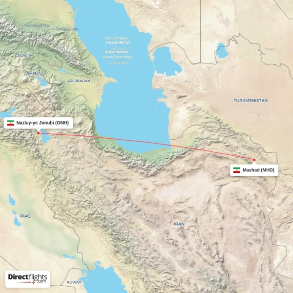 Mashad - Nazluy-ye Jonubi direct flight map