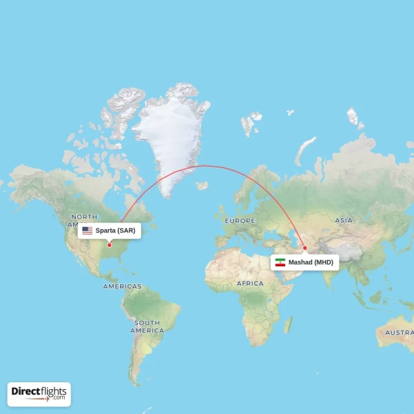 Mashad - Sparta direct flight map