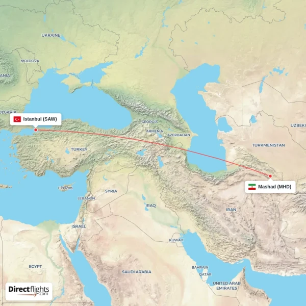 Mashad - Istanbul direct flight map