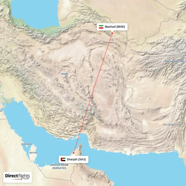 Mashad - Sharjah direct flight map
