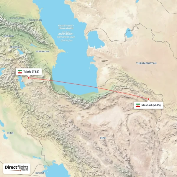 Mashad - Tabriz direct flight map