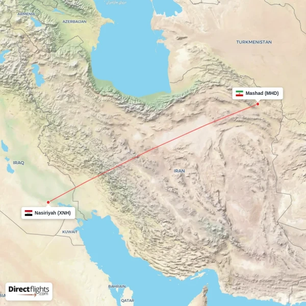 Mashad - Nasiriyah direct flight map