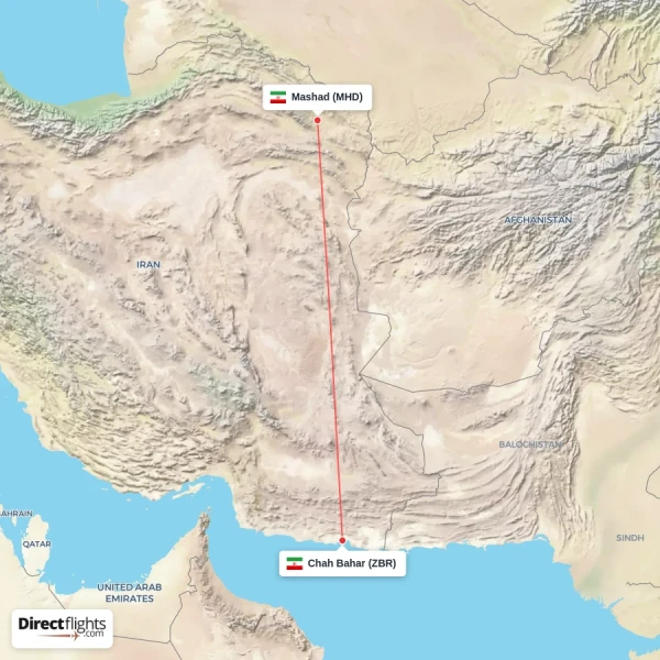 Mashad - Chah Bahar direct flight map