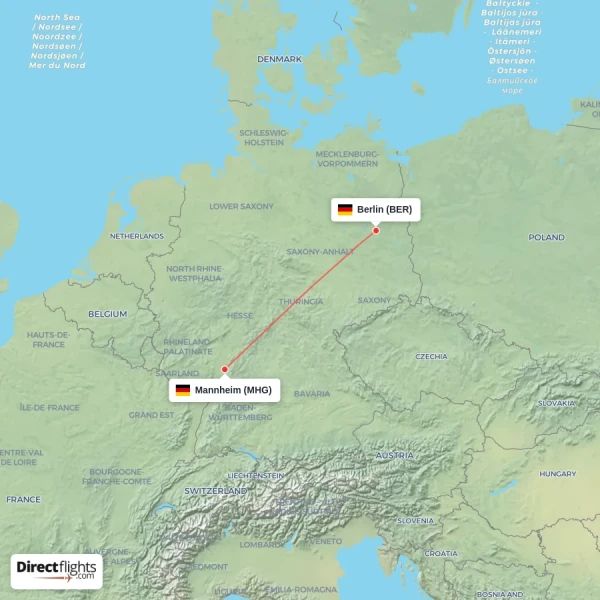 Mannheim - Berlin direct flight map