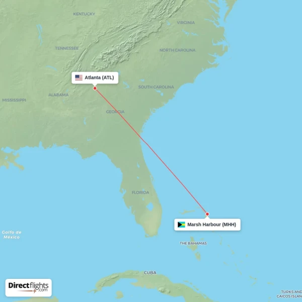 Marsh Harbour - Atlanta direct flight map