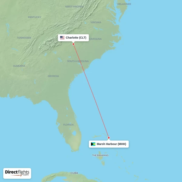 Marsh Harbour - Charlotte direct flight map