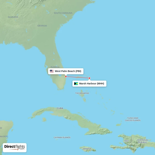 Marsh Harbour - West Palm Beach direct flight map