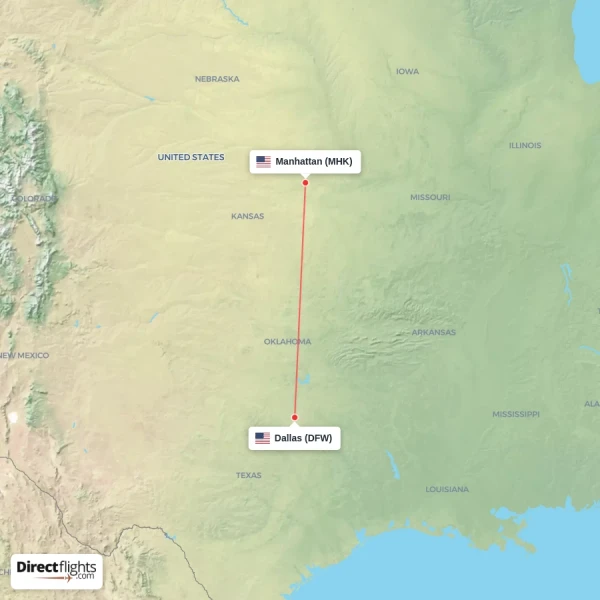 Manhattan - Dallas direct flight map