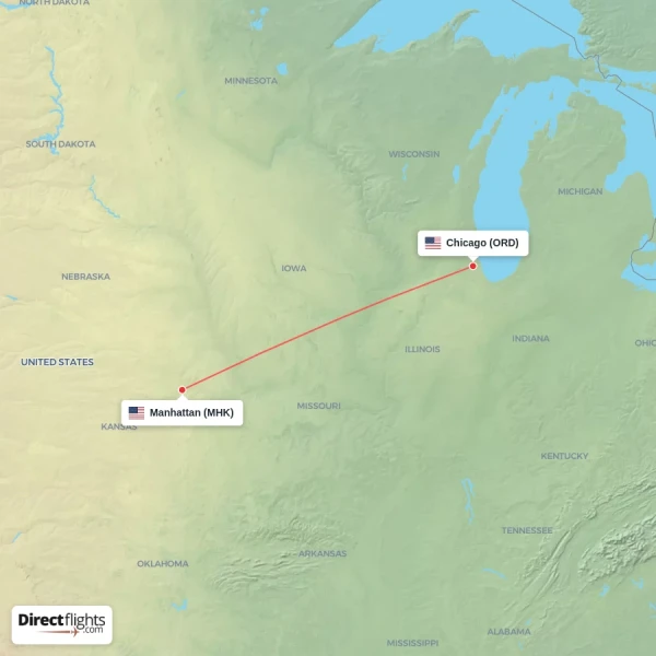 Manhattan - Chicago direct flight map