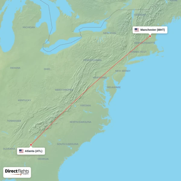 Manchester - Atlanta direct flight map