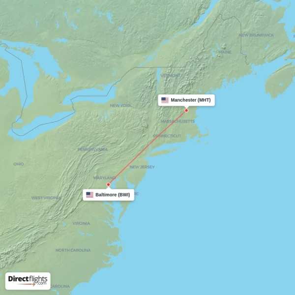 Manchester - Baltimore direct flight map