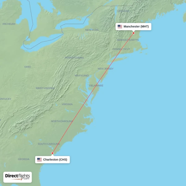 Manchester - Charleston direct flight map