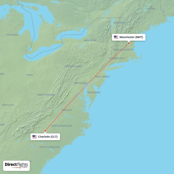 Manchester - Charlotte direct flight map