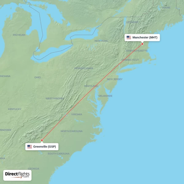 Manchester - Greenville direct flight map