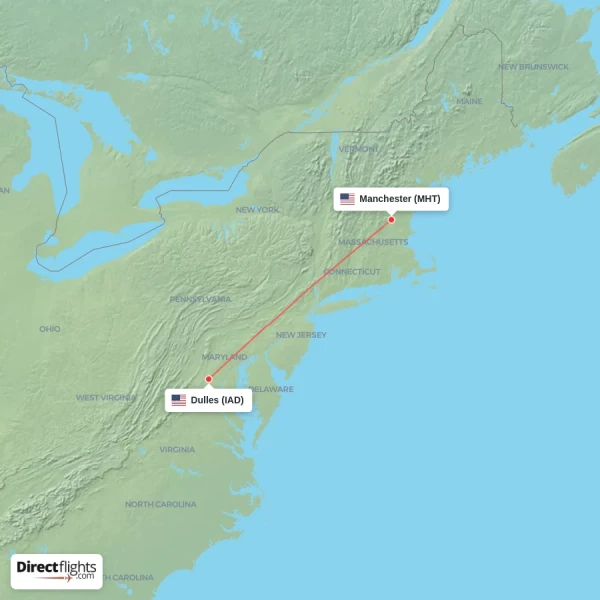 Manchester - Dulles direct flight map