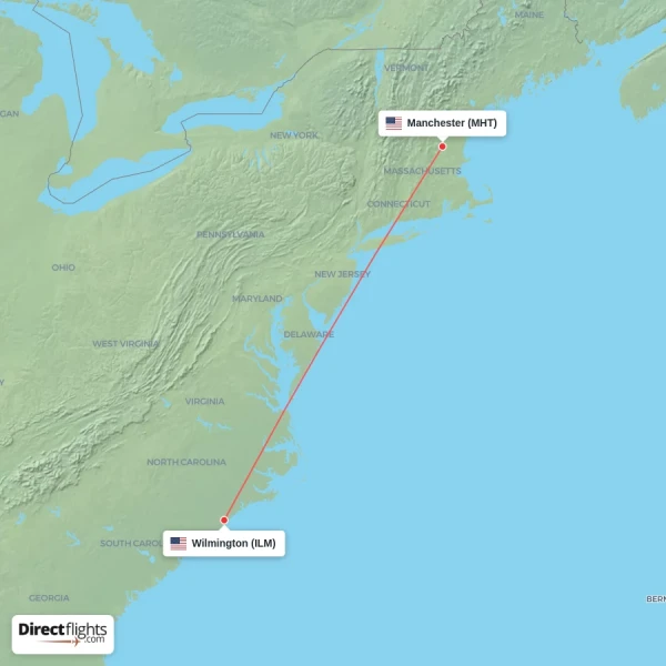 Manchester - Wilmington direct flight map