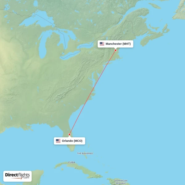 Manchester - Orlando direct flight map