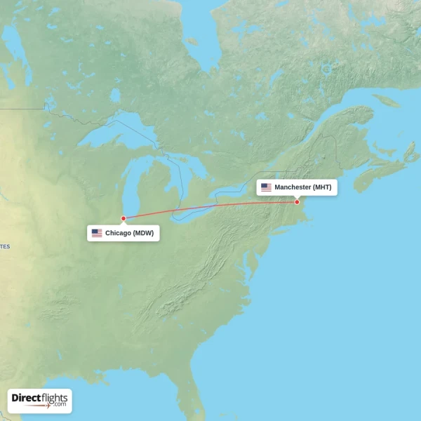 Manchester - Chicago direct flight map