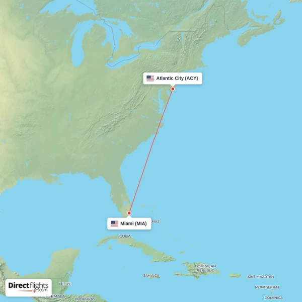 Miami - Atlantic City direct flight map