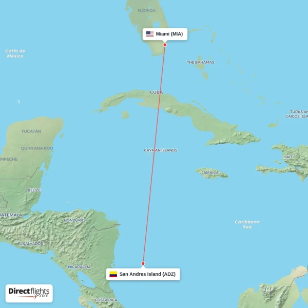 Miami - San Andres Island direct flight map