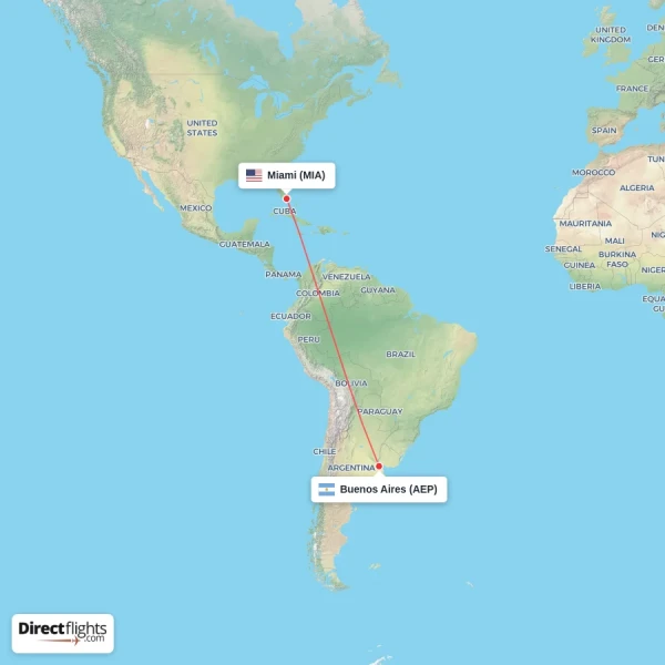 Miami - Buenos Aires direct flight map