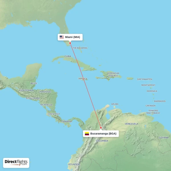 Miami - Bucaramanga direct flight map