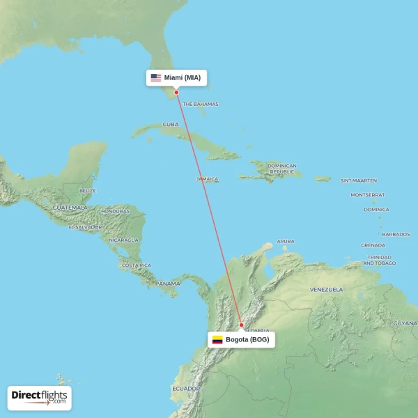 Miami - Bogota direct flight map